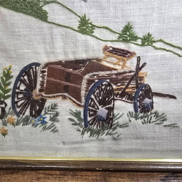 Vintage Framed Crewel #313 Old Wagon Wheel Farmhouse Landscape 17"x13" Rustic - Picture 7 of 14